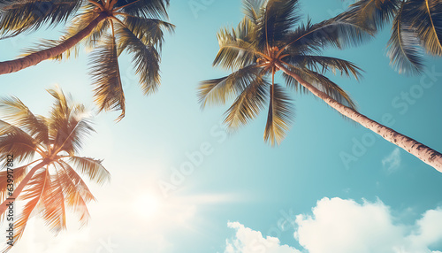 Blue sky and palm trees view from below, vintage style, tropical beach and summer background © Imran