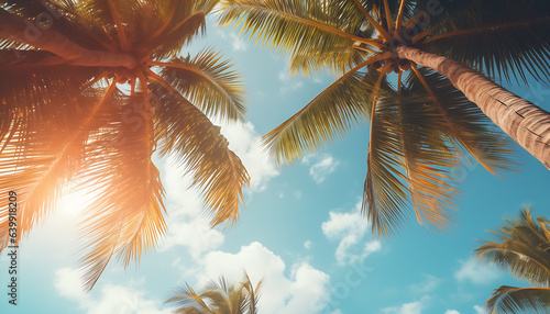Blue sky and palm trees view from below, vintage style, tropical beach and summer background