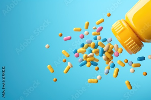Nutriciology, vitamins, bada pills and supplements, healthy lifestyle on an isolated background photo