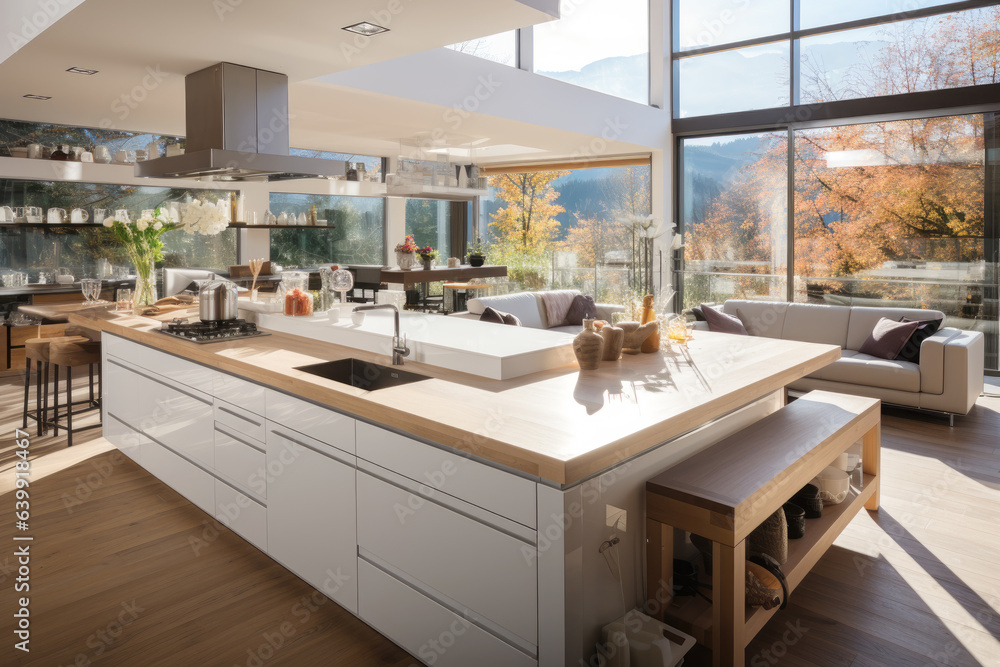 Fototapeta premium Bright kitchen space with modern style with natural views