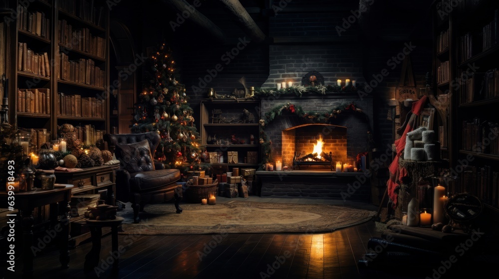 Interior of luxury living room with bookcases and Christmas decor. Blazing fireplace, garlands and burning candles, elegant Christmas tree, gift boxes. Christmas and New Year celebration concept.