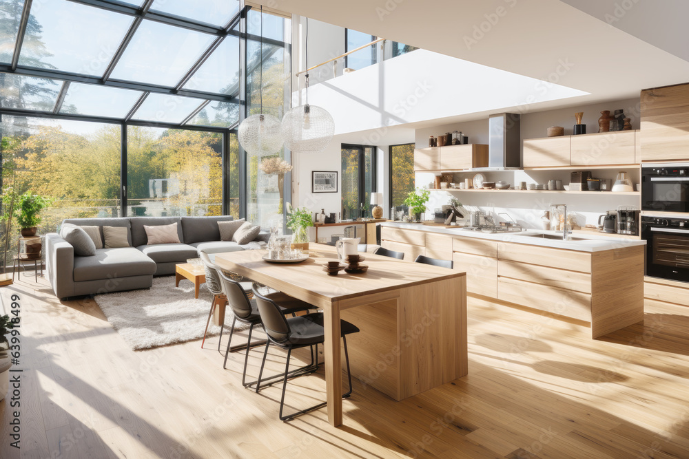 Fototapeta premium Bright kitchen space with modern style with natural views