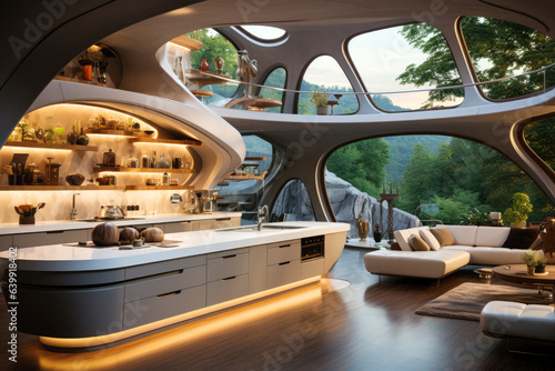 Bright kitchen space with futuristic style with natural views