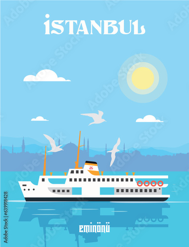 Bosphorus, silhouette and Istanbul Ferry drawing. © fatih Topaloğlu