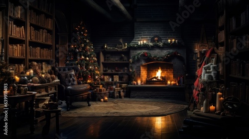 Interior of luxury living room with bookcases and Christmas decor. Blazing fireplace  garlands and burning candles  elegant Christmas tree  gift boxes. Christmas and New Year celebration concept.