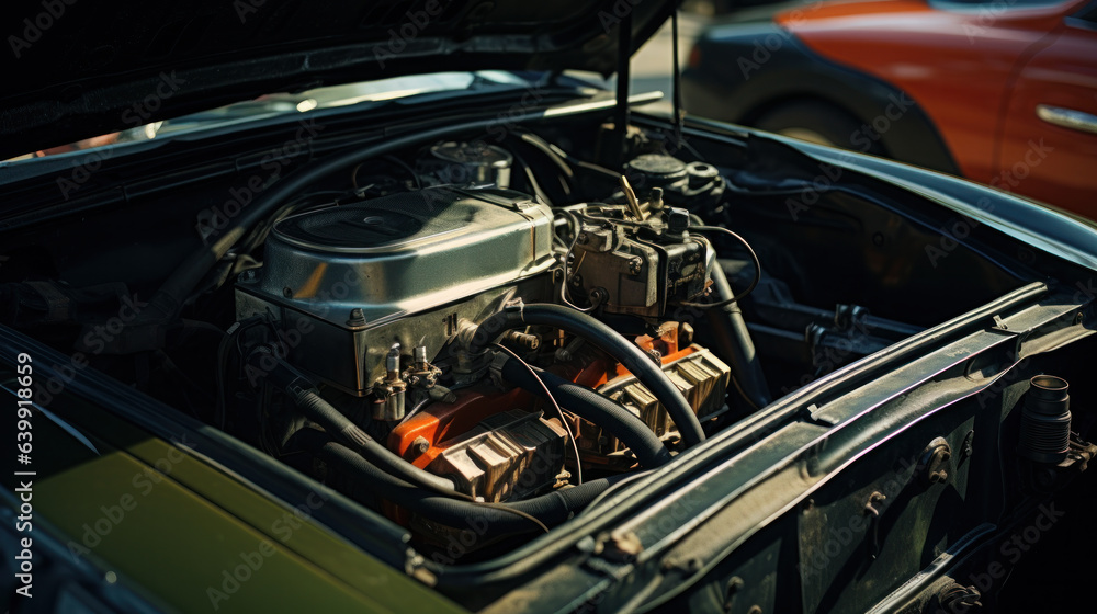 Under the hood of sports car. Powerful engine closeup. Clean motor block. Under the hood of sports car. Powerful engine closeup. Clean motor block.