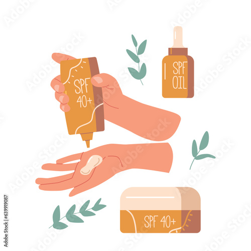 Hands with Spf Sun Protection Products Shield Skin From Harmful Uv Rays, Preventing Sunburn And Reducing The Risk