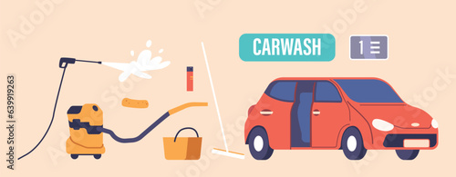 Set Efficient Car Wash Service Icons, Offering Thorough Cleaning, Waxing, And Interior Detailing. Hose, Vacuum Cleaner