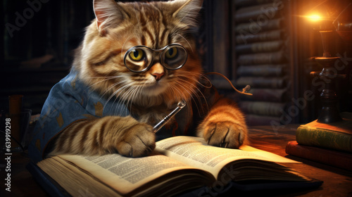 smart cat read an old book, fairy tale character