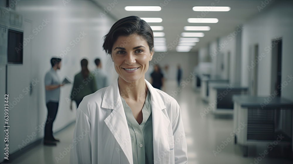 Portrait of happy young female doctor standing in hospital corridor and writing medical report on clipboard. Caucasian woman. Generative AI Portrait of happy young female doctor standing in hospital corridor and writing medical report on clipboard. Caucasian woman. Generative AI