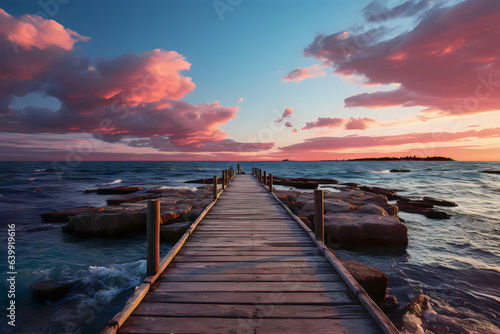 Wooden pier in the sea at sunset