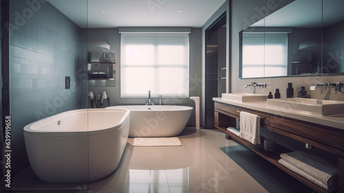 Modern hotel bathroom interior with double sink and bathtub, accessories.
