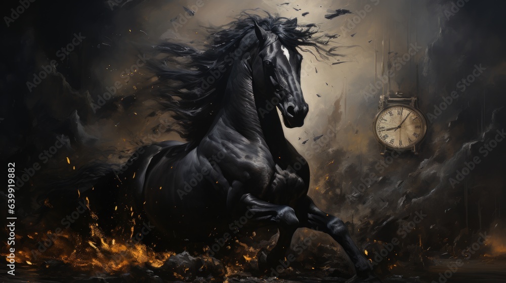 horse in the fire night - obrazy, fototapety, plakaty 