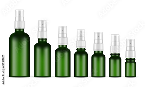 Round Shape Green Spray Bottles Set, Isolated On White Background. Vector Illustration