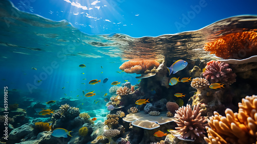 Maldives coral reef with divers under water photography