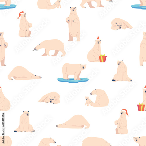 Polar Bear Seamless Pattern, Adorable Wild Animal Motifs Arranged In A Continuous Design, Vector Illustration