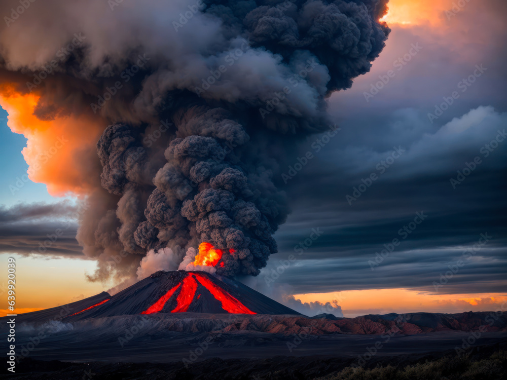 Digital landscape photo of volcanic eruption with magma emissions
