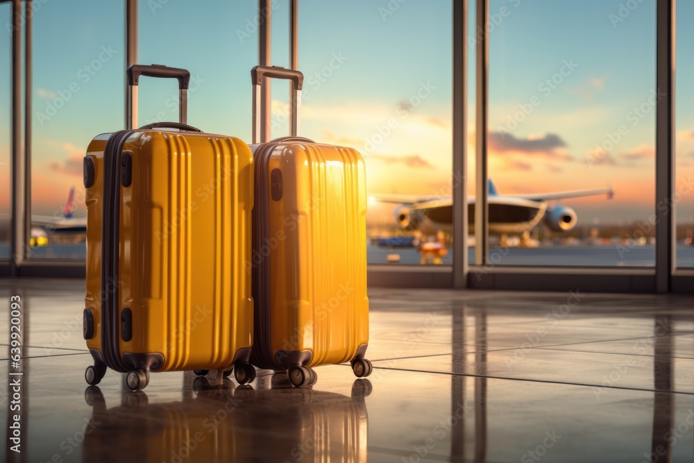 suitcase, flight, journey, transport, travel, trip, window, tourism, luxury, airplane. image background is put suitcase in terminal airport, behind that's airplane park is going to flight and travel. suitcase, flight, journey, transport, travel, trip, window, tourism, luxury, airplane. image background is put suitcase in terminal airport, behind that's airplane park is going to flight and travel.