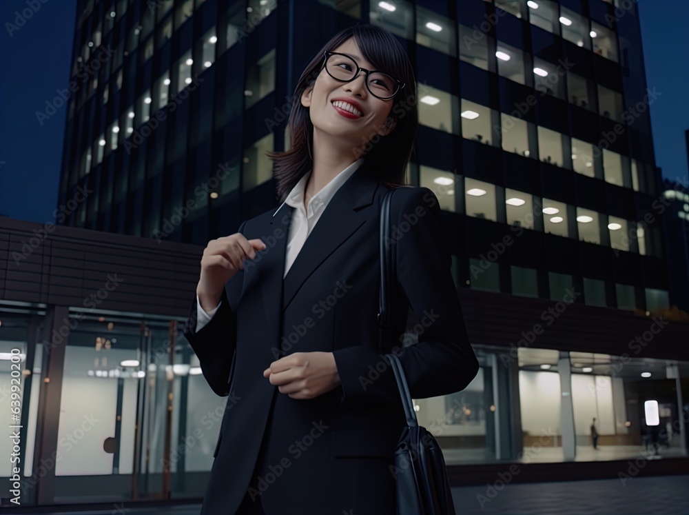 Fototapeta premium A confident Asian businesswoman standing outside an office building. Great for stories on careers, entrepreneurship, diversity, corporate workplace and more. 