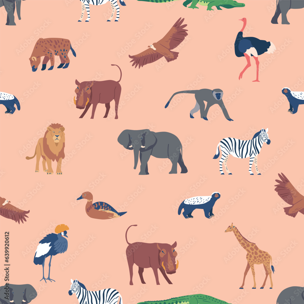 Fototapeta premium African Animal Seamless Pattern, Vibrant Design Featuring Elephant, Lion, Giraffe, And Zebra. Screaming Eagle