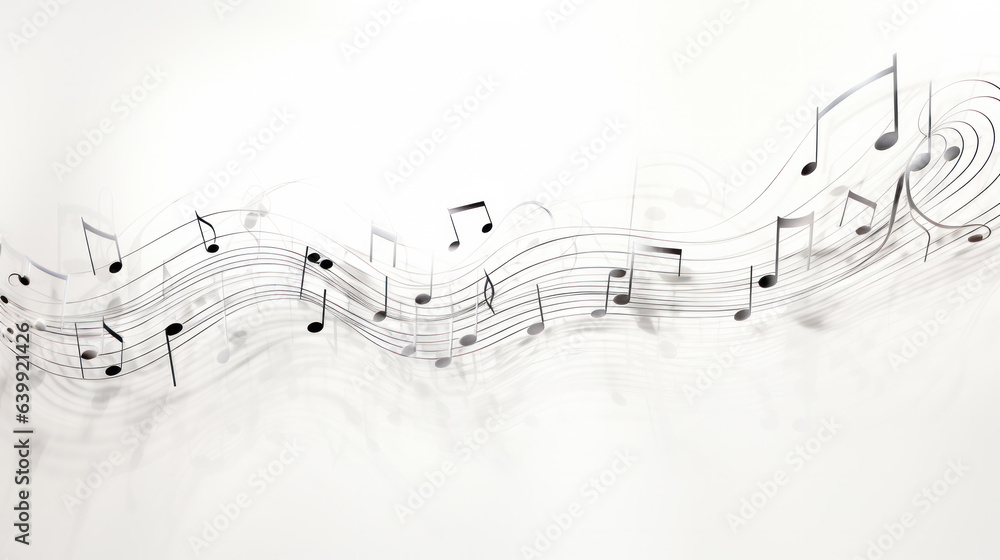 Musical notes lying on music sheet on white wooden background - obrazy, fototapety, plakaty 