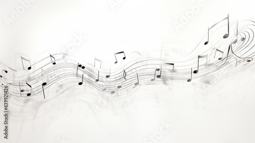 Musical notes lying on music sheet on white wooden background