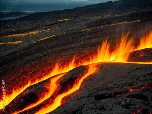 Futuristic Photo of fiery lava flows, volcanoes birth the metals, top view