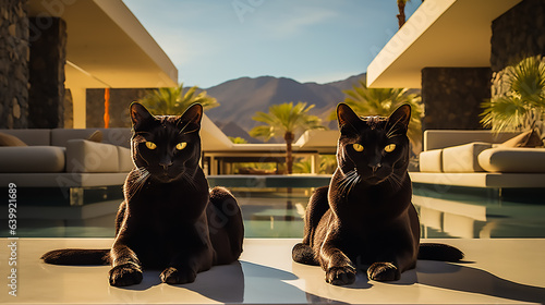 Realistic photo closeup of two panther in a Palm springs villa