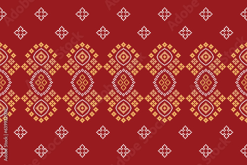 Ethnic geometric fabric pattern Cross Stitch.Ikat embroidery Ethnic oriental Pixel pattern red background. Abstract,vector,illustration. Texture,clothing,frame,decoration,motifs,silk wallpaper.