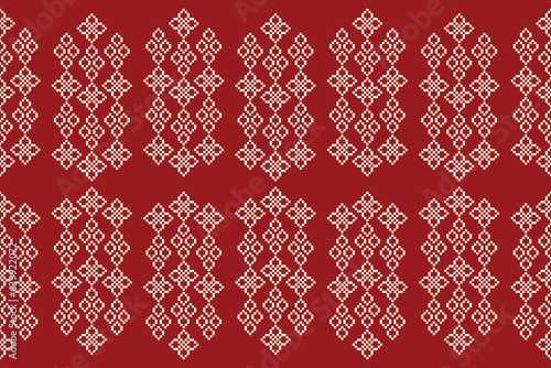 Ethnic geometric fabric pattern Cross Stitch.Ikat embroidery Ethnic oriental Pixel pattern red background. Abstract,vector,illustration. Texture,clothing,frame,decoration,motifs,silk wallpaper.