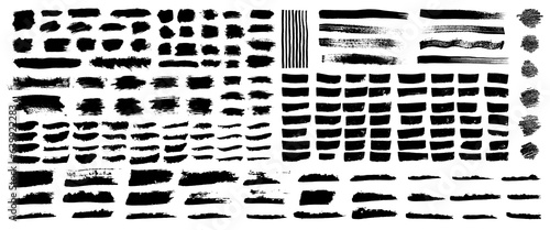 Big vector set of brush paint ink shapes. Brush stroke elements. Black dirty grungy texture distressed frames. Japanese design ink stains. Chinese blot collection. Each element is united and isolated
