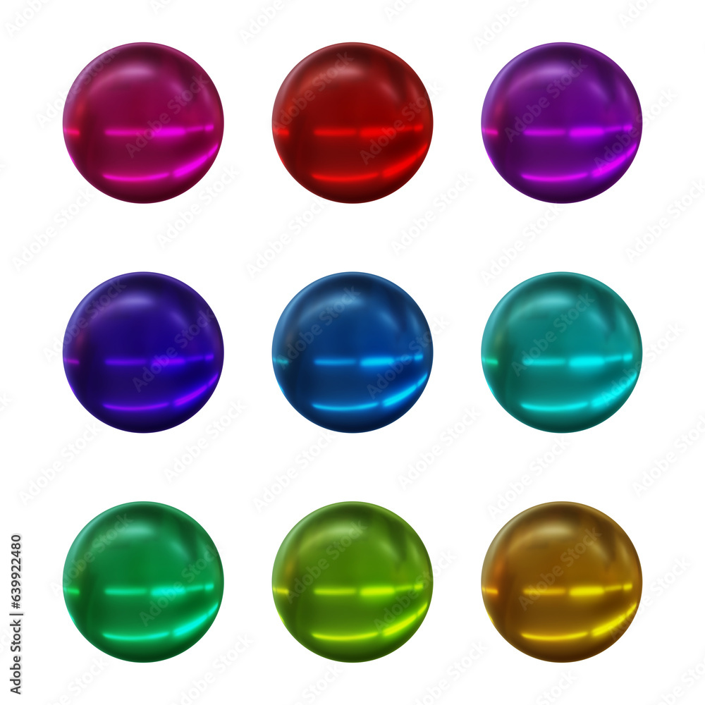 Set of round shape sphere ball or button in 3d rendering isolated on transparent background for decoration and design element concept. Set of round shape sphere ball or button in 3d rendering isolated on transparent background for decoration and design element concept.