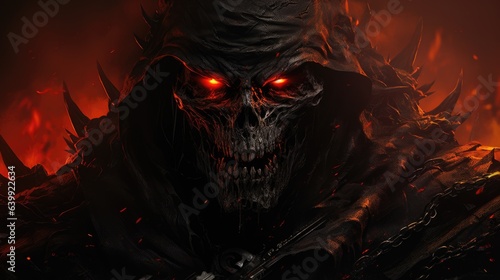 Skull-faced, ruthless grim reaper.