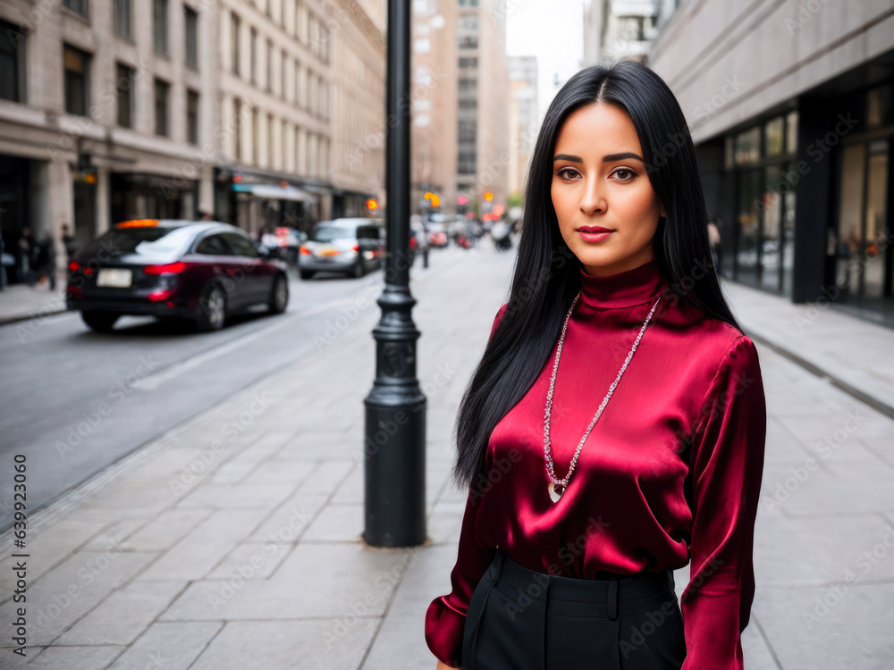 Digital photo of attractive woman walking in the street, streetstyle at night
