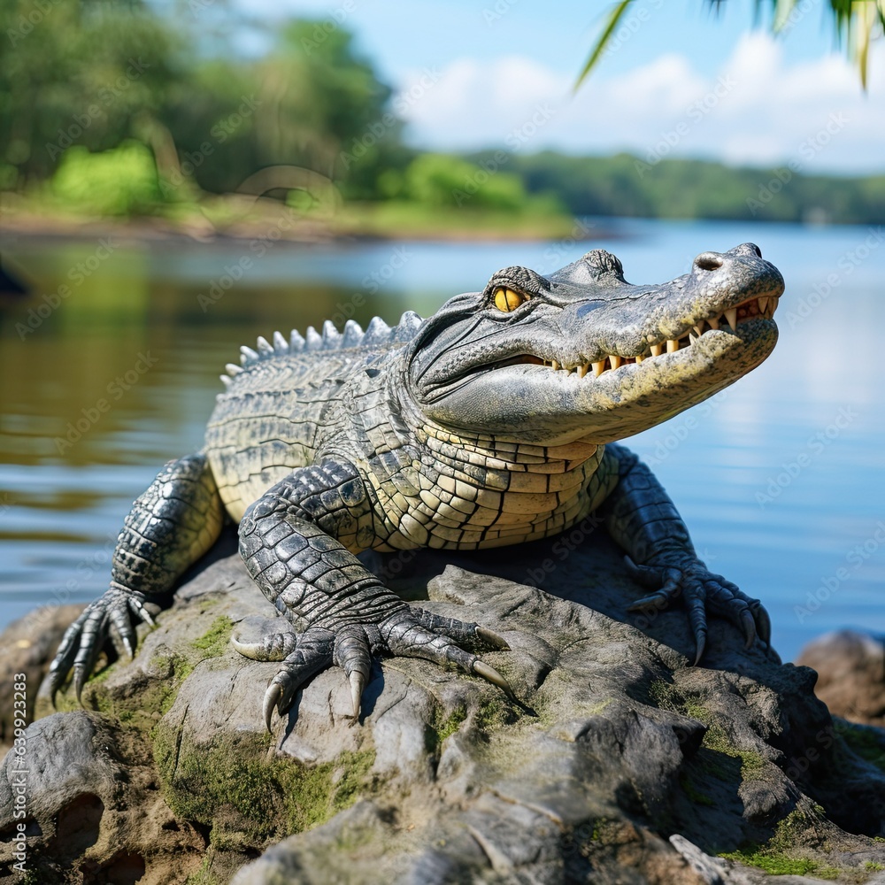 Fototapeta premium Toothy crocodile on a stone in the Amazon River
