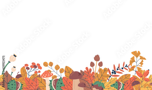 Seamless Pattern Adorned With Vibrant Autumn Plants And Leaves  Horizontal Border Or Wallpaper  Vector Illustration