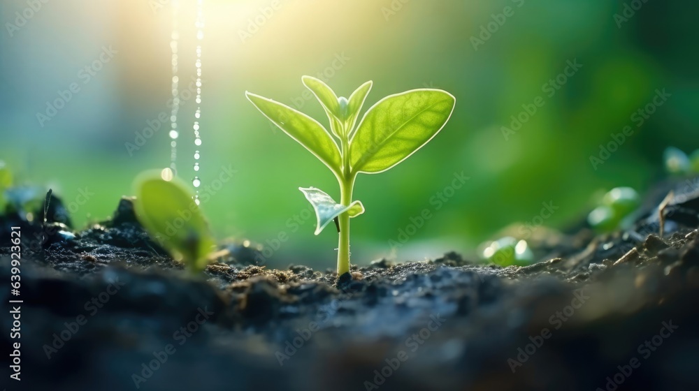 Young plant with drop of rain in sunlight Young plant with drop of rain in sunlight