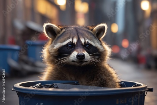 Raccoon in the trach bin on the street photo