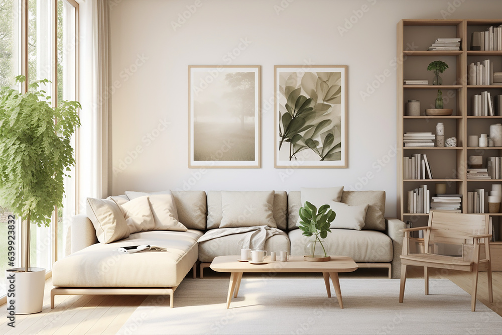 a modern living room with a chair and shelves, in the style of soft brushwork, generative AI a modern living room with a chair and shelves, in the style of soft brushwork, generative AI