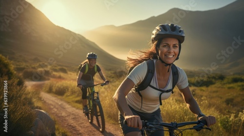 Young woman riding bicycle on beautiful mountain trail in morning photo