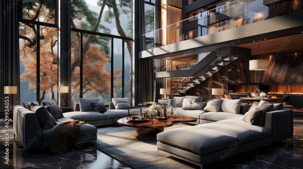 Modern living room interior in luxury open to below house. Large corner sofa, round coffee table, staircase to the second floor. Floor-to-ceiling window with garden view. Contemporary home decor.