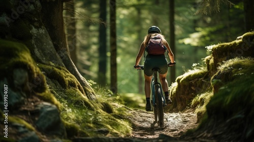 woman on mountain bike rides on the trail in green forest