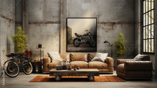 Bright eclectic living room interior in loft style. Gray concrete walls, vintage leather sofa and armchair, rough coffee table, plants, retro bike, poster, home decor, large window. 3D rendering.