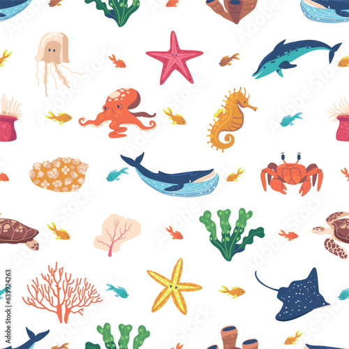 Vibrant Seamless Pattern Featuring A Variety Of Sea Animals  Such As Dolphins  Turtles  And Fish  Vector Illustration