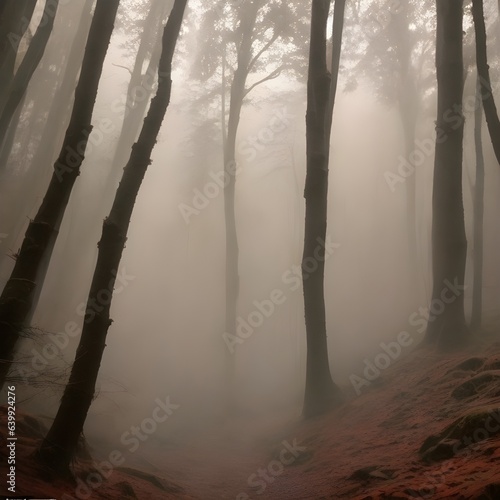 Misty forest photo. Slender trees, moss, ferns create mystery. Nature's beauty captured