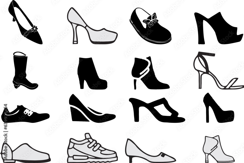 Set of woman shoes silhouettes. Black female fashion icons isolated on white. Editable Vector illustration. eps 10.