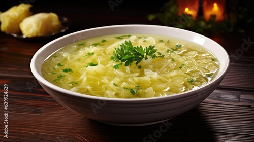 Cabbage soup in a bowl on wooden table with dark background