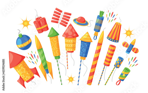 Set of Firecrackers, Pyrotechnics and Fireworks. Rocket and Flapper with Bomb, Burning Firework for Birthday Party