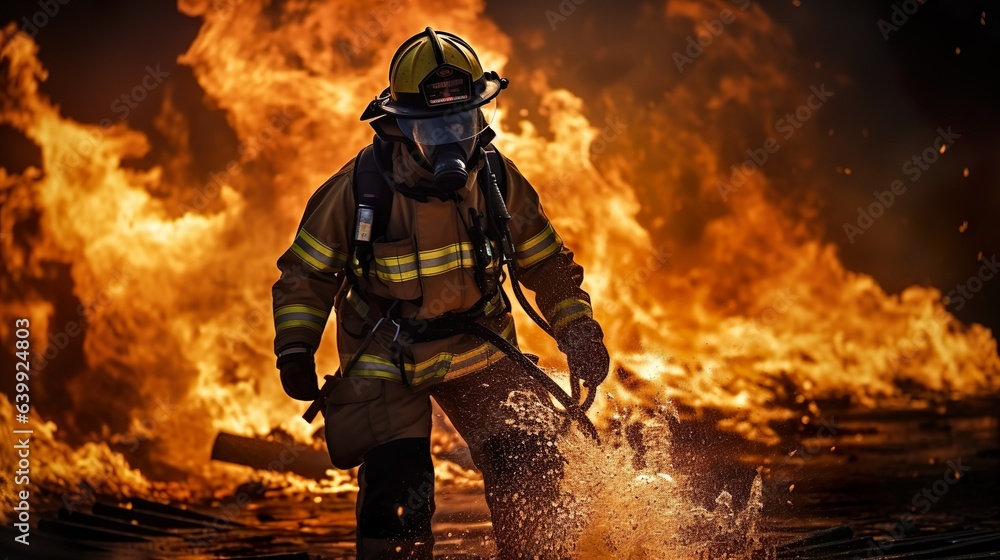 Heroic Fireman in Action - Fighting Fire with Water & Extinguisher, generative Ai Heroic Fireman in Action - Fighting Fire with Water & Extinguisher, generative Ai