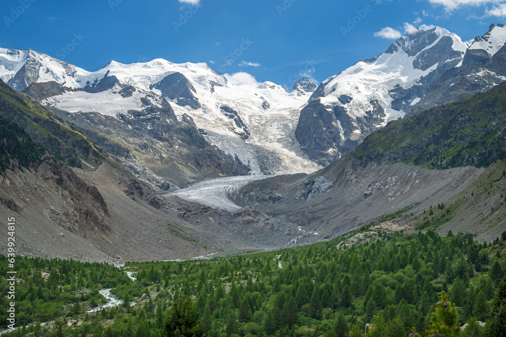 Val Morteratsch mit Morteratschgletscher und Berninagruppe, Pontresina, Engadin, Graubünden, Schweiz